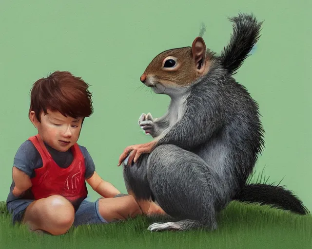 Image similar to a little boy play with a squirrel by samuel smith trending on artstation