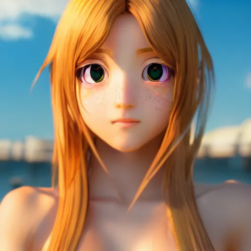 Prompt: Render of a very beautiful 3d anime girl, long hair, hazel eyes, cute freckles, full round face, short smile, cute, golden hour, serene beach setting, medium shot, mid-shot, highly detailed, trending on Artstation, Unreal Engine 4k