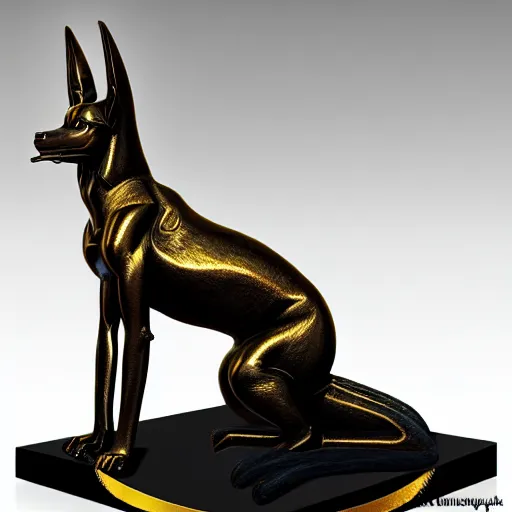 Image similar to a statue of anubis made of black ebony, decorated with gold and enamel,, elegant, epic, detailed, intricate, digital painting, concept art, realistic detailed, smooth, focus, rim light