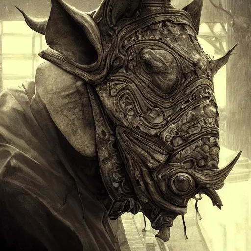 Image similar to Very very very very highly detailed epic photo of face with rhinoceros venetian mask, intricate, dystopian, sci-fi, extremely detailed, digital painting, artstation, concept art, smooth, sharp focus, illustration, intimidating lighting, incredible art by Artgerm