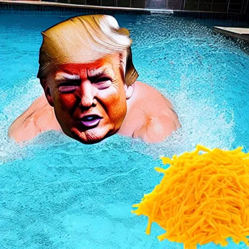 Prompt: donald trump swimming in a pool of shredded cheese