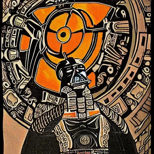 Image similar to ancient aztec art of darth vader inspecting the death star