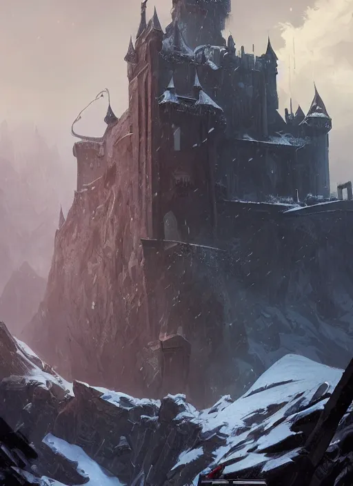 Prompt: a painting of a castlevania, dishonored 2 style castle in the middle of a snowy mountain, a detailed matte painting by andreas rocha and greg rutkowski, featured on artstation, fantasy art, matte drawing, matte painting, artstation hq