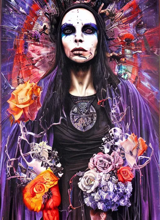 Image similar to powerful tripping cult magic psychic woman, subjective consciousness psychedelic, epic surrealism expressionism symbolism story iconic, dark robed witch, oil painting, paint layers, robe, greek dark myth, by Sandra Chevrier, masterpiece