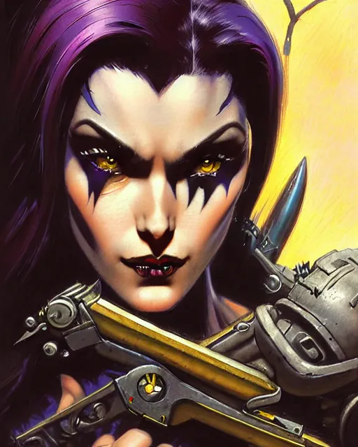 Prompt: widowmaker from overwatch, heavey metal magazine cover, character portrait, portrait, close up, concept art, intricate details, highly detailed, in the style of frank frazetta, esteban maroto, richard corben, pepe moreno, matt howarth, stefano tamburini, tanino liberatore, luis royo and alex ebel
