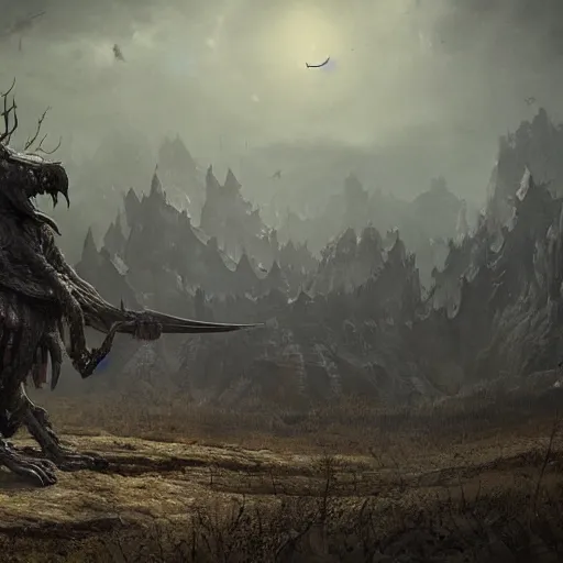 Prompt: a creepy creature standing infront of an battlefield, Matte painting , detailed painting, greg rutkowski