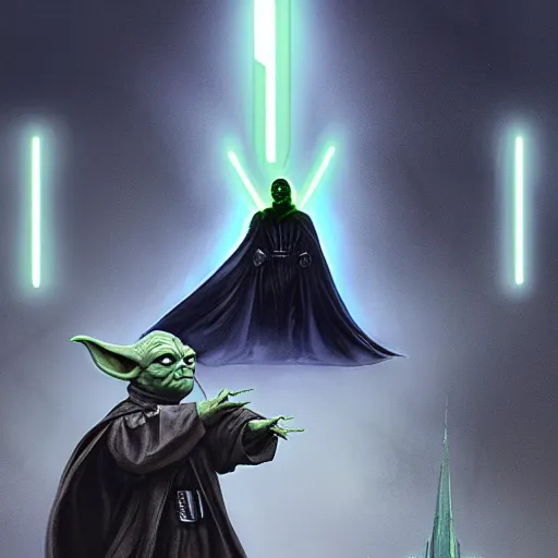 Image similar to yoda as darth vader standing in front of a church, concept art, beautiful lighting, 8 k, digital art, trending on artstation, by yoshitaka amano