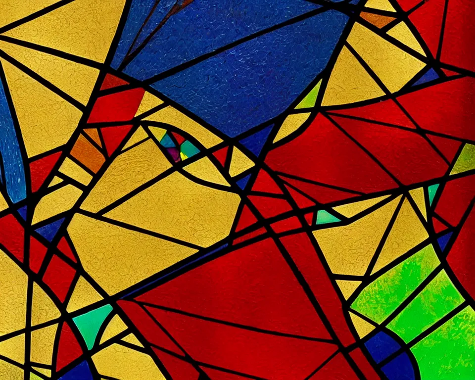 Prompt: an achingly beautiful, close-up print of fractured, geometric, vibrant stained glass by Raphael, Hopper, and Rene Magritte. detailed, romantic, enchanting, trending on artstation.