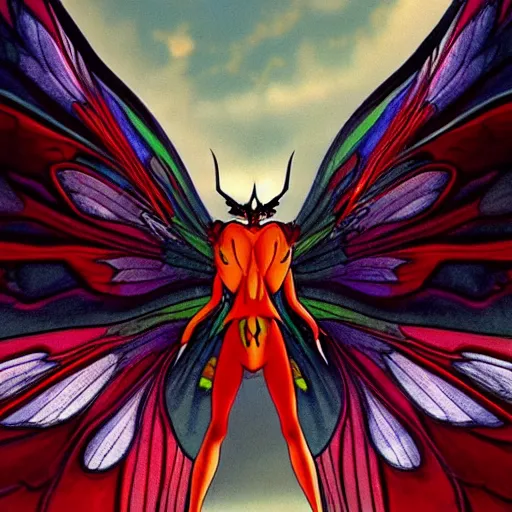 Image similar to 4K photo of mothman with giant wings , flawless anime cel animation by Manabu Oshashi and Satoshi Kon, professionally post-processed , beautiful, scary, symmetry accurate features, epic, octane rendered, anime masterpiece, accurate