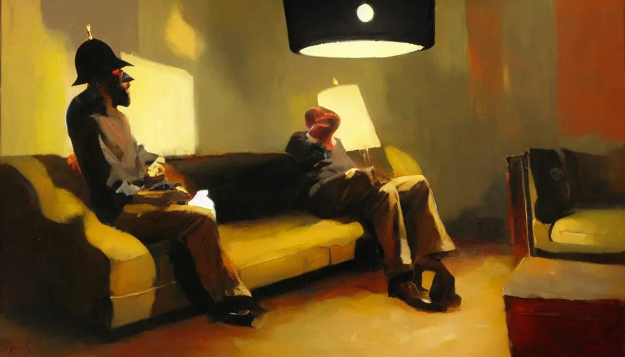 Image similar to a man with a lampshade on his head sitting on a sofa in a dark living room, painted by phil hale and rick berry