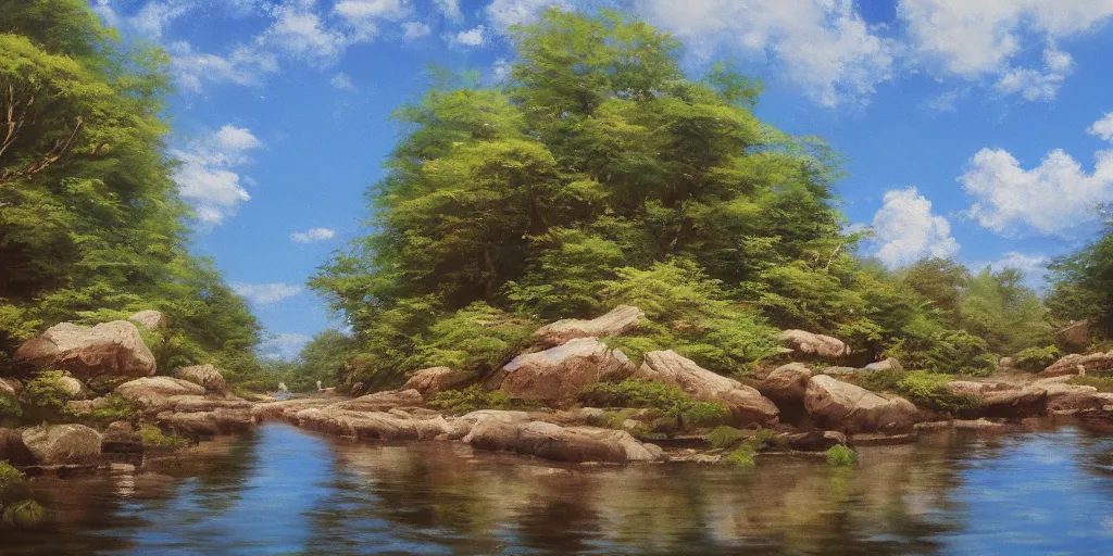 Prompt: a river, cinematic angle, studio Ghibli, cinematic lighting, detailed oil painting, hyperrealistic, 8k