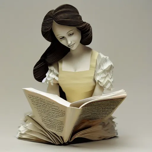 Prompt: cut paper sculpture of belle, reading a book