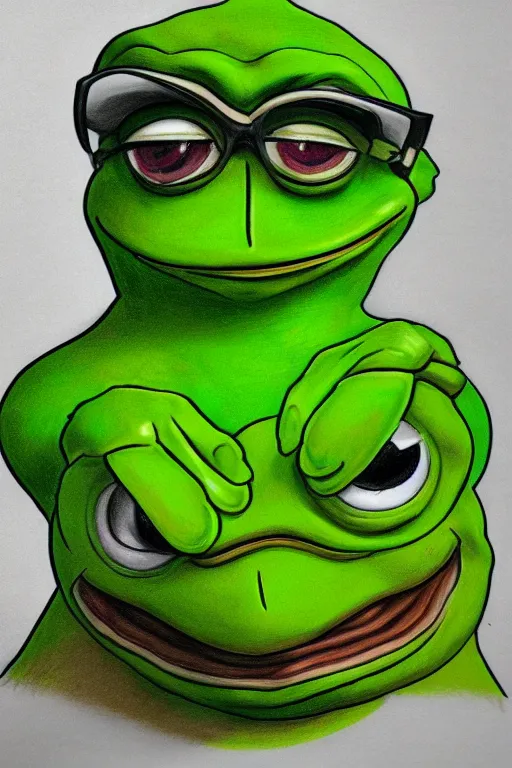 Image similar to portrait drawing of pepe the frog, ultra detailed highly realistic, trending on artstation, rule of thirds, extreme high detail, soft lighting, rim light, volumetric lighting and effects,