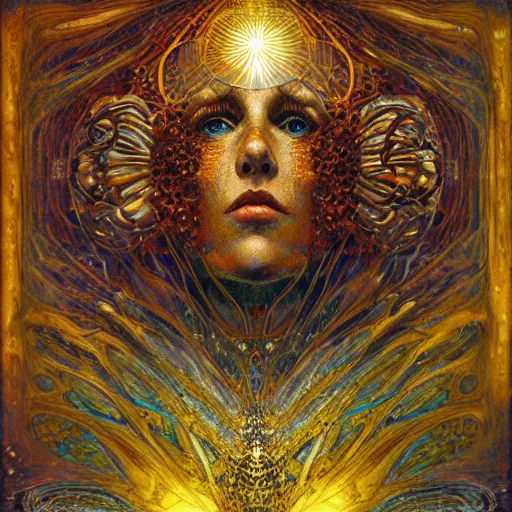 Prompt: Divine Chaos Engine by Karol Bak, Jean Deville, Gustav Klimt, and Vincent Van Gogh, celestial, visionary, sacred, fractal structures, ornate realistic gilded medieval icon, spirals