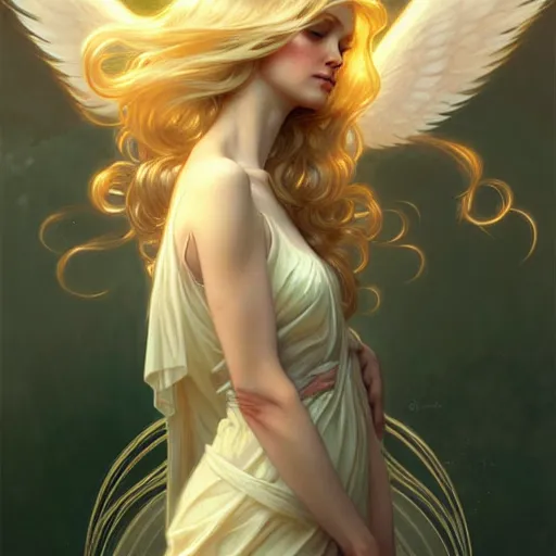 Prompt: Girl angel with elegant and delicate wings blonde hair and glowing halo, fantasy, intricate, elegant, highly detailed, digital painting, artstation, concept art, smooth, sharp focus, illustration, art by Krenz Cushart and Artem Demura and alphonse mucha