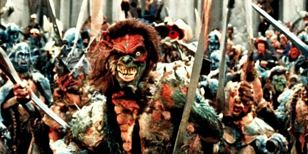 Image similar to A full color still from a Stanley Kubrick film featuring an actor dressed as angry Orcs, waving swords, closeup, 35mm, 1970