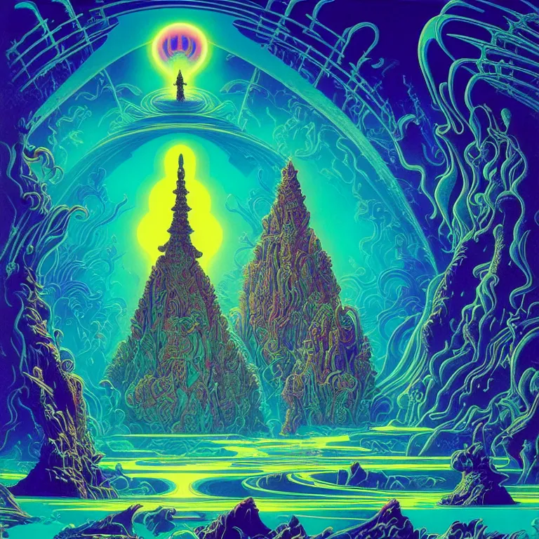 Prompt: mysterious diamond temple overlooking haunted seething ocean, infinite crashing waves, astronomical synthwave, bright neon psychedelic colors, highly detailed, cinematic, eyvind earle, tim white, philippe druillet, roger dean, ernst haeckel, lisa frank, aubrey beardsley, kubrick, kimura, isono