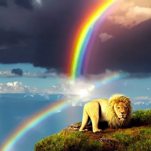 Image similar to coherent 8 k photorealistic close up shot of a albino lion overlooking a heavenly blissful landscape with a large luminous rainbow overarching the landscape behind the lion in the sun showery sky