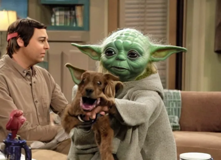 Prompt: a film still of a dog yoda in sitcom big bang theory