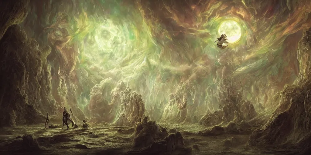 Image similar to concept art of translucent glowing fairies, lovecraftian, renaissance, melting, round moon, rich clouds, fighting the horrors of the unknown, very detailed, volumetric light, mist, fine art, decaying, textured oil over canvas, epic fantasy art, very colorful, ornate scales