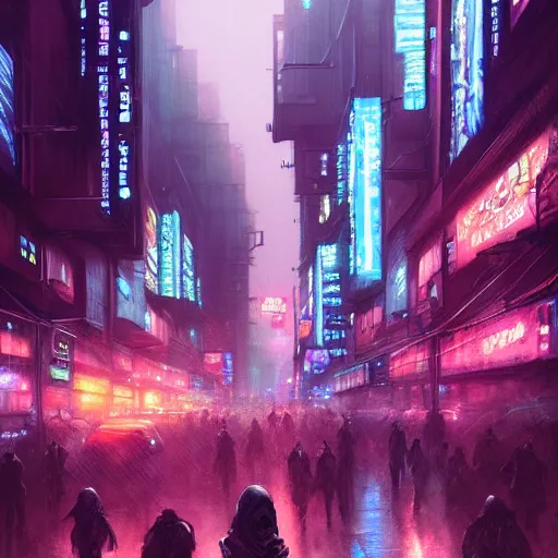 Image similar to overly crowded street of a cyberpunk city, rain, harsh neon lights, highly detailed, digital painting, trending on artstation, concept art, sharp focus, illustration, art by artgerm and greg rutkowski and magali villeneuve