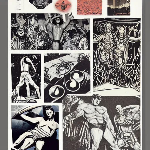 Image similar to 1980 xerox fanzine cutout collage, ancient greek, lunch time on Jupiter, punk party, aquatical plants, painted part by Kilian Eng, part by Leonardo DaVinci, part by Tom of Finland, composition by moebius, 35mm, graflex