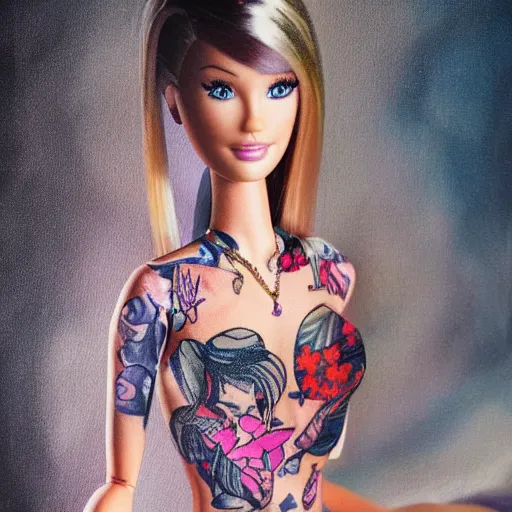 Image similar to barbie with tattoos and torn clothes. painting by stanley lau dramatic lighting