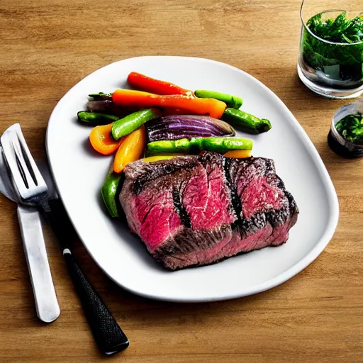 Prompt: steak dinner, large square white plate, vegetables, 4 k