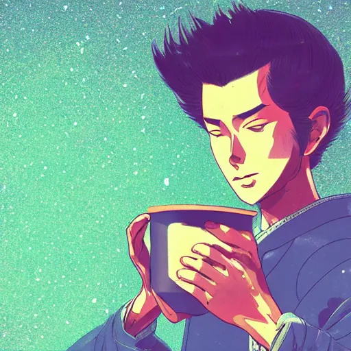 Image similar to A man drinking a cup of cosmic energy bright light by Masafumi Harada, 4k, digital art, surreal, anime style, space dandy style, highly detailed, godsend, artstation