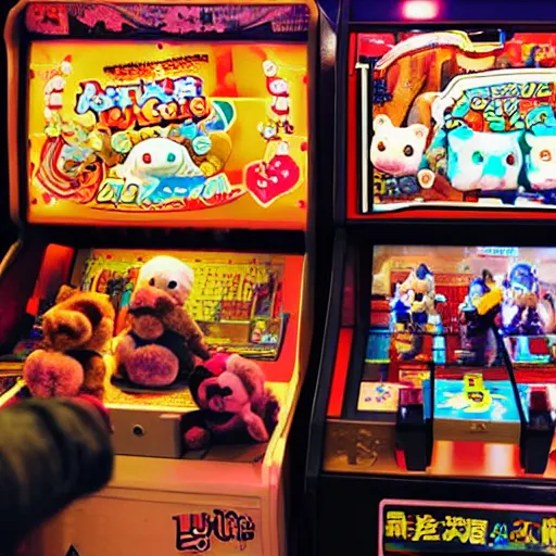 Image similar to a lot of arcade machines being played by really cute stuffed animals inside of a japanese arcade