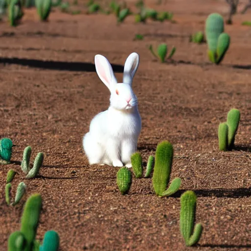 Image similar to photo of a white bunny with black spots on face and nose, in the Texas desert, cactus, desert mountains, big bend, 50mm, beautiful photo,