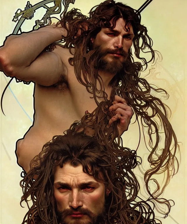 Prompt: realistic detailed face portrait of a rugged handsome beast shaman by alphonse mucha, ayami kojima, amano, greg hildebrandt, and mark brooks, male, masculine, art nouveau, neo - gothic, gothic, character concept design