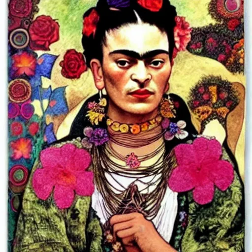 Prompt: frida kahlo dressed like an aztec empress surrounded by flowers, poster by alphons mucha