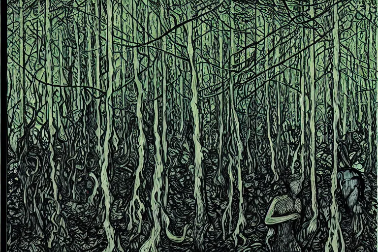 Image similar to spirit forest, by dan mumford and by alberto giacometti, peter lindbergh, malevich, william stout