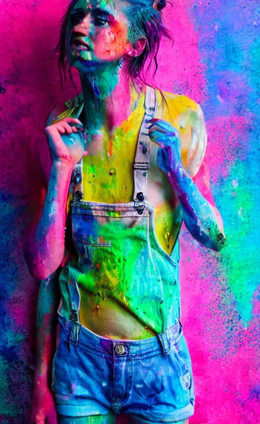 Prompt: grungy woman, rainbow hair, soft eyes and narrow chin, dainty figure, wet t-shirt, torn overalls, skimpy shorts, covered in neon paint, luminescent, black background, Sony a7R IV, symmetric balance, polarizing filter, Photolab, Lightroom, 4K, Dolby Vision, Photography Award