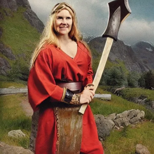 Image similar to an female viking wearing short sleeved robes holding an giant axe