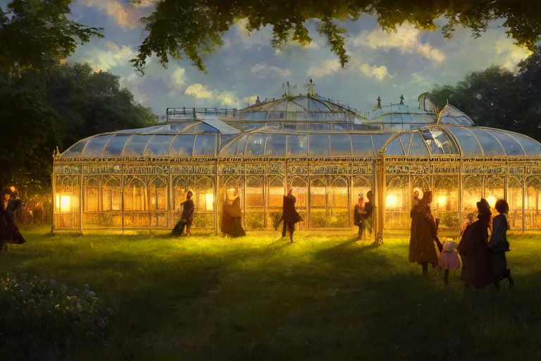 Image similar to an ornate victorian greenhouse, party in front, scene in an open field. 1 8 9 0, key visual, conceptart, ambient lighting, highly detailed, digital painting, artstation, concept art, sharp focus, by makoto shinkai and akihiko yoshida and greg manchess