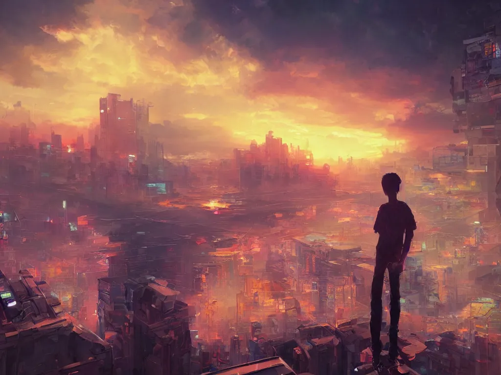 Image similar to a painting of a boy on top of a building watching a colorful sunrise futuristic city surrounded by clouds, cyberpunk art by yoshitaka amano and alena aenami, cg society contest winner, retrofuturism, matte painting, apocalypse landscape, cityscape