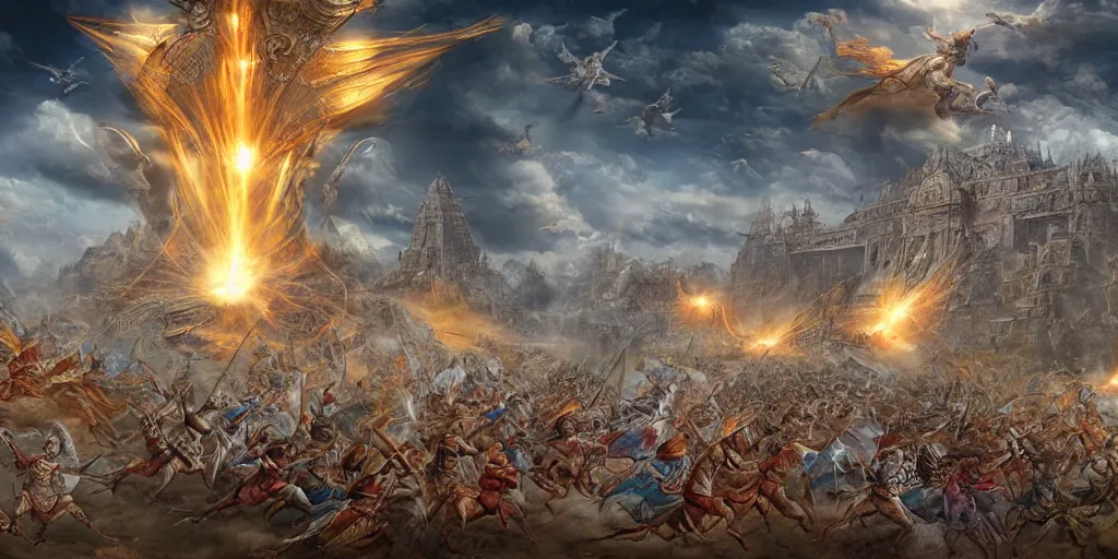 Image similar to War of Mahabharata, Futuristic, High -tech, 4k, highly detailed, matte painting