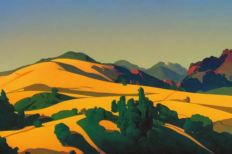 Prompt: masterpiece painting of california hills in the summer, by a. j. casson and john watkiss and erin hanson and dan munford and maxfield parrish and j. c. leyendecker and andreas rocha, dramatic lighting