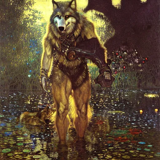 Image similar to portrait of a male wolf wolfman in a pond. shadowrun furaffiniy cyberpunk fantasy highly detailed painting by gaston bussiere craig mullins jc leyendecker gustav klimt artgerm greg rutkowski john berkey, bergey, craig mullins, ruan jia, raymond swanland, jeremy mann, tom lovell, alex malveda