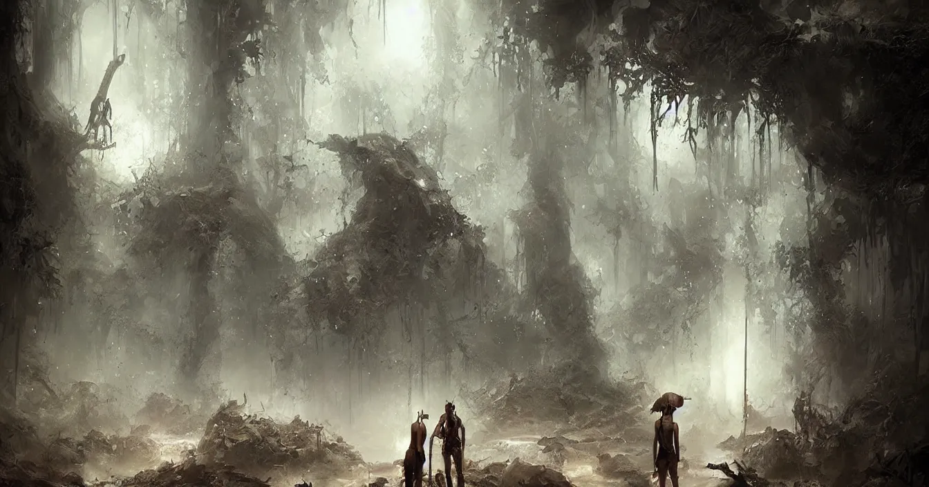 Prompt: archaeologists in deep dark rainy rainforest excavating buried alien weapon, deep sense of horror atmosphere, visual fidelity and plasticity, digital art, in style of bastien lecouffe deharme