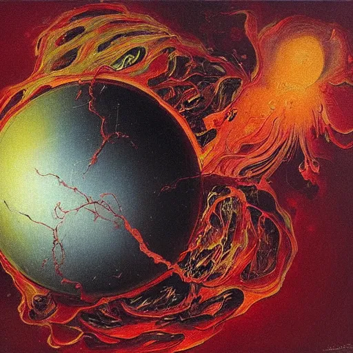 Image similar to a sphere being devoured by abstract splatters of paint in the style of francis bacon, venus being engulfed in flames in the style of james jean, surreal, beksinski, high detailed