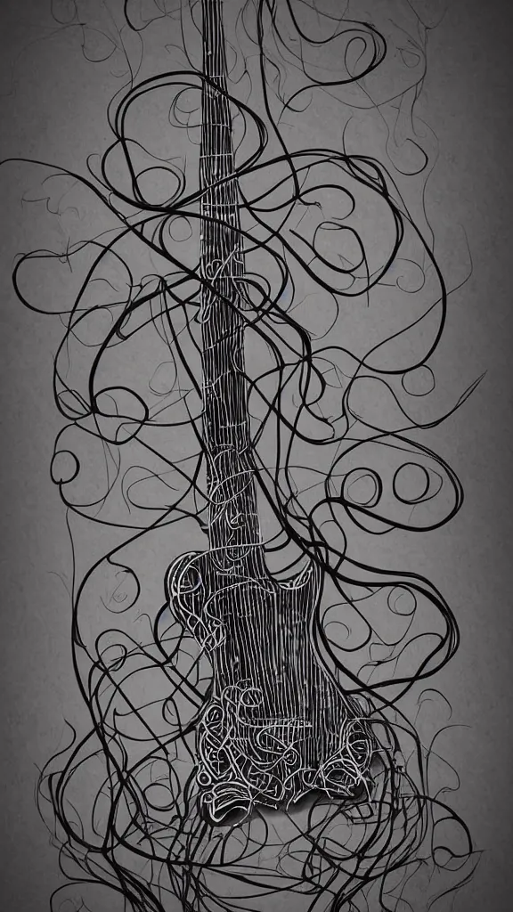 Image similar to a guitar with long thick vines wrapping around it, fantasy art, art station, grey background,