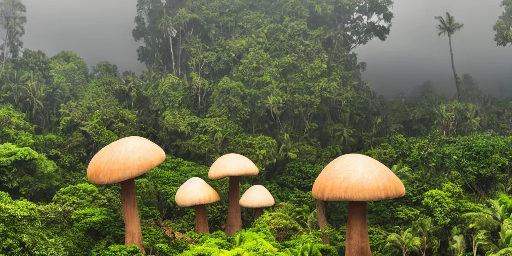 Prompt: giant bell shaped mushrooms loom over a Hawaiian villa in the middle of an tropical forest, ominous Sky, gloomy atmosphere, cinematic, mist, High definition, 8k, ultra detailed