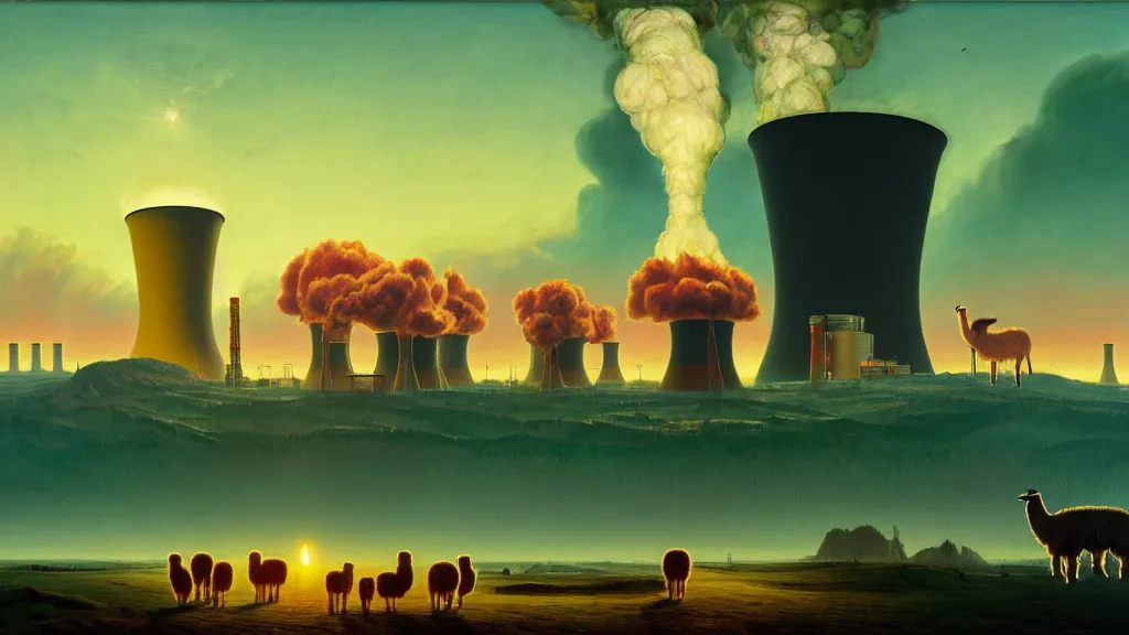 Image similar to A nuclear power plant in utopia by Simon Stålenhag and J.M.W. Turner, oil on canvas<photobomb>Alpaca</photobomb>; Nuclear Fallout, Art Direction by Adam Adamowicz; 4K, 8K Ultra-Realistic Depth Shading; Epic 4k dream drone shots