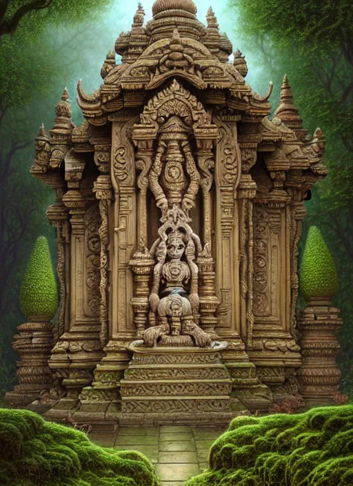 Image similar to wide angle shot hindu temple stone carvings, intricate, mossy, overgrown, elegant, highly detailed, centered, digital painting, artstation, concept art, smooth, sharp focus, illustration, artgerm, tomasz alen kopera, peter mohrbacher, donato giancola, joseph christian leyendecker, wlop, boris vallejo