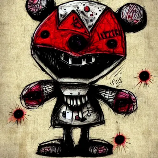 Image similar to grunge drawing of a teddy bear with bloody eyes by - invader zim, loony toons style, horror theme, detailed, elegant, intricate