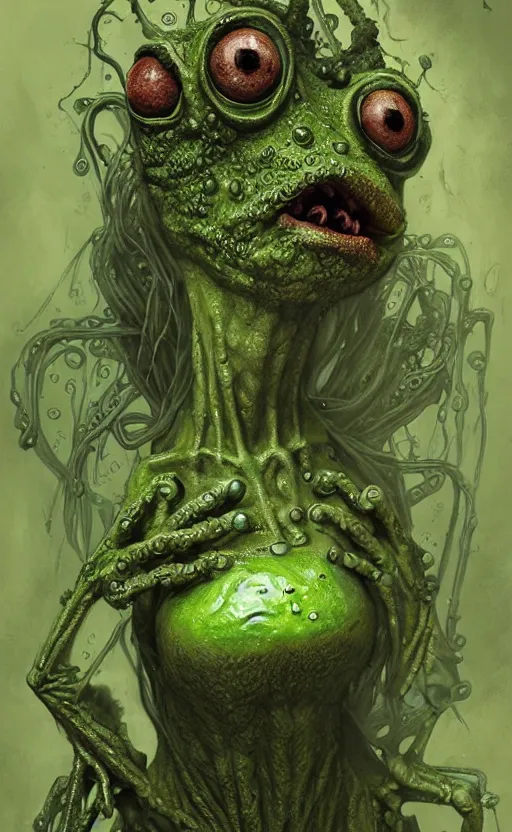 Prompt: delta green, zombie bloated kermit the frog locked in septic tank, present day, creepy, lovecraftian, intricate and very beautiful and highly detailed, elegant, digital painting, artstation, concept art, matte, smooth and sharp focus, illustration, art by tian zi and wlop and alsphonse mucha and artgerm and greg rutkowski