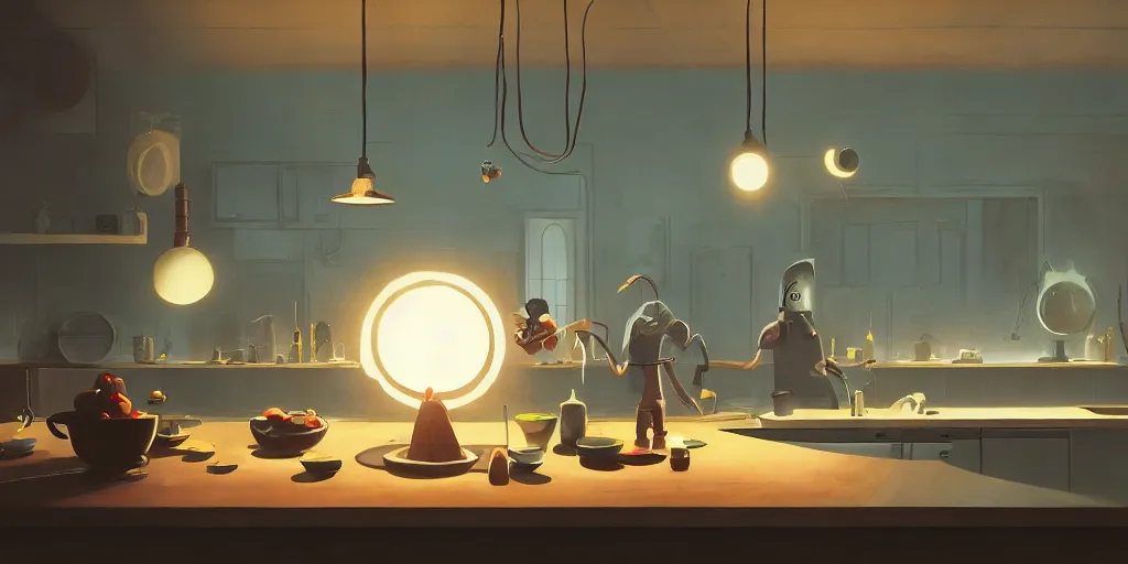 Image similar to minimalistic kitchen dim lit by a candle ripped physique simon stalenhag gerald brom bastien grivet by greg rutkowski, fisheye camera